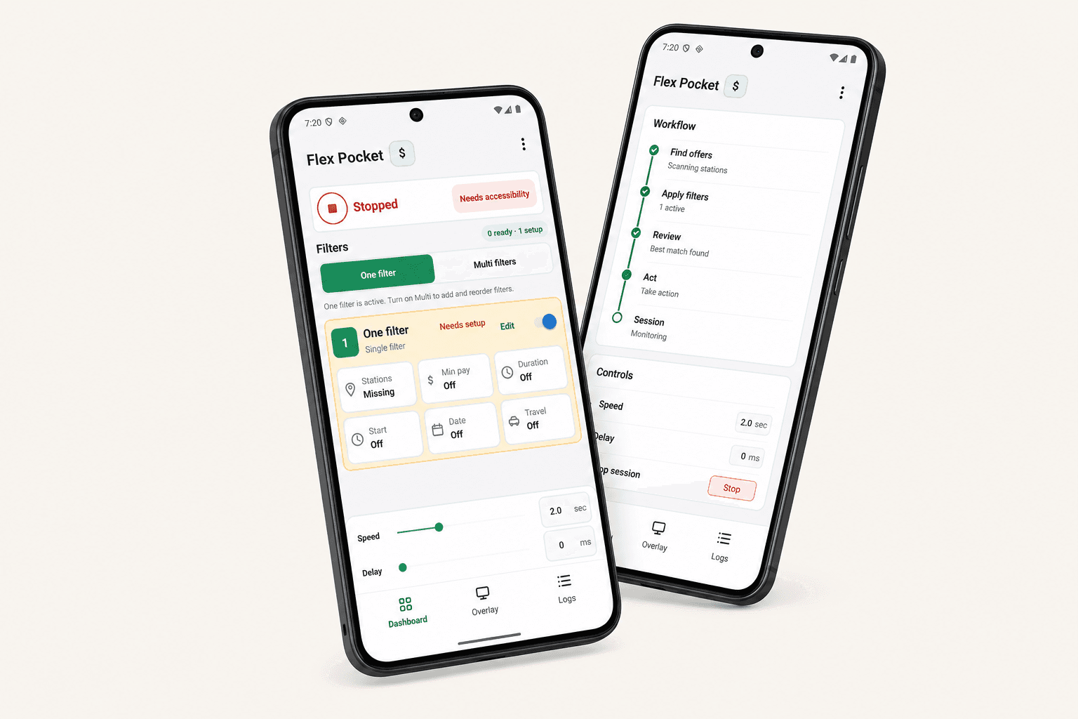 Two Android phones showing the FlexPockets stopped state, filters, workflow, and visible controls